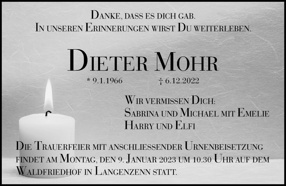  Traueranzeige für Dieter Mohr vom 07.01.2023 aus Fürther Nachrichten Lokal