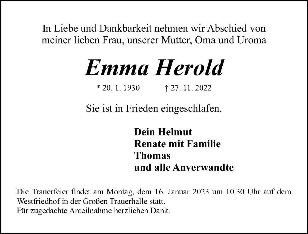  Traueranzeige für Emma Herold vom 14.01.2023 aus Gesamtausgabe Nürnberger Nachrichten/ Nürnberger Ztg.