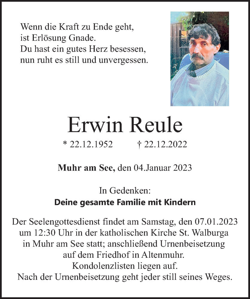 Traueranzeigen von Erwin Reule | trauer.nn.de