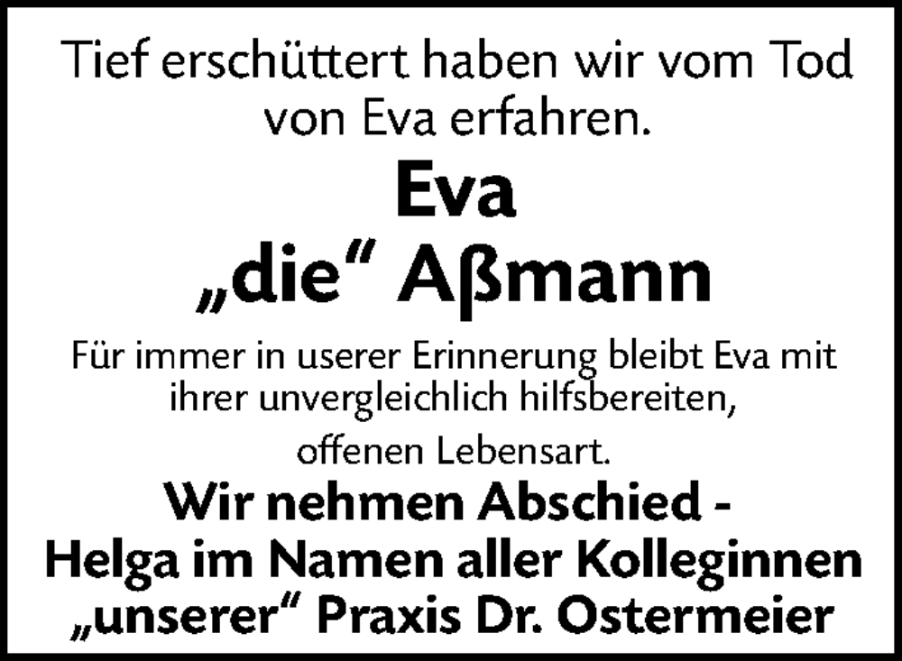  Traueranzeige für Eva Aßmann vom 01.02.2023 aus Gesamtausgabe Nürnberger Nachrichten/ Nürnberger Ztg.