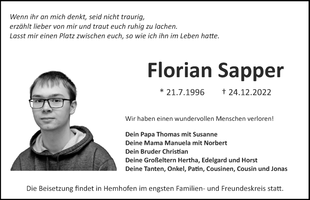  Traueranzeige für Florian Sapper vom 07.01.2023 aus Erlanger Nachrichten Lokal