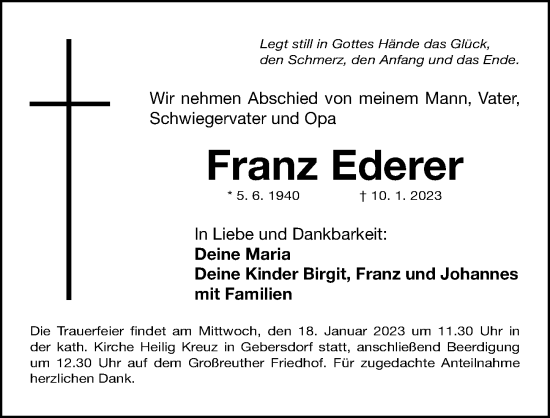 Traueranzeige von Franz Ederer von Gesamtausgabe Nürnberger Nachrichten/ Nürnberger Ztg.