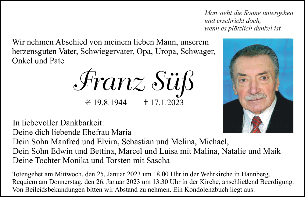  Traueranzeige für Franz Süß vom 21.01.2023 aus Nordbayerische Nachrichten Herzogenaurach Lokal