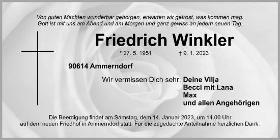 Traueranzeige von Friedrich Winkler von Fürther Nachrichten Lokal