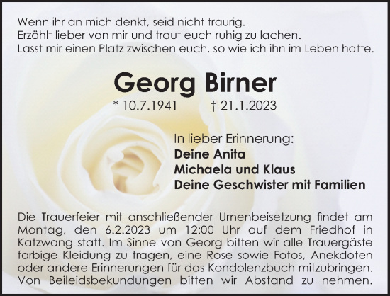 Traueranzeige von Georg Birner von Gesamtausgabe Nürnberger Nachrichten/ Nürnberger Ztg.