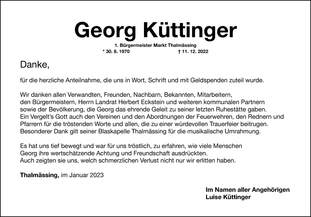  Traueranzeige für Georg Küttinger vom 28.01.2023 aus Roth-Hilpoltsteiner Volkszeitung Lokal