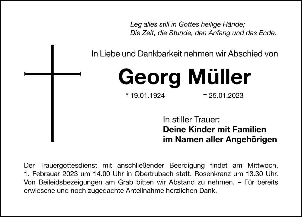  Traueranzeige für Georg Müller vom 30.01.2023 aus Nordbayerische Nachrichten Forchheim Lokal