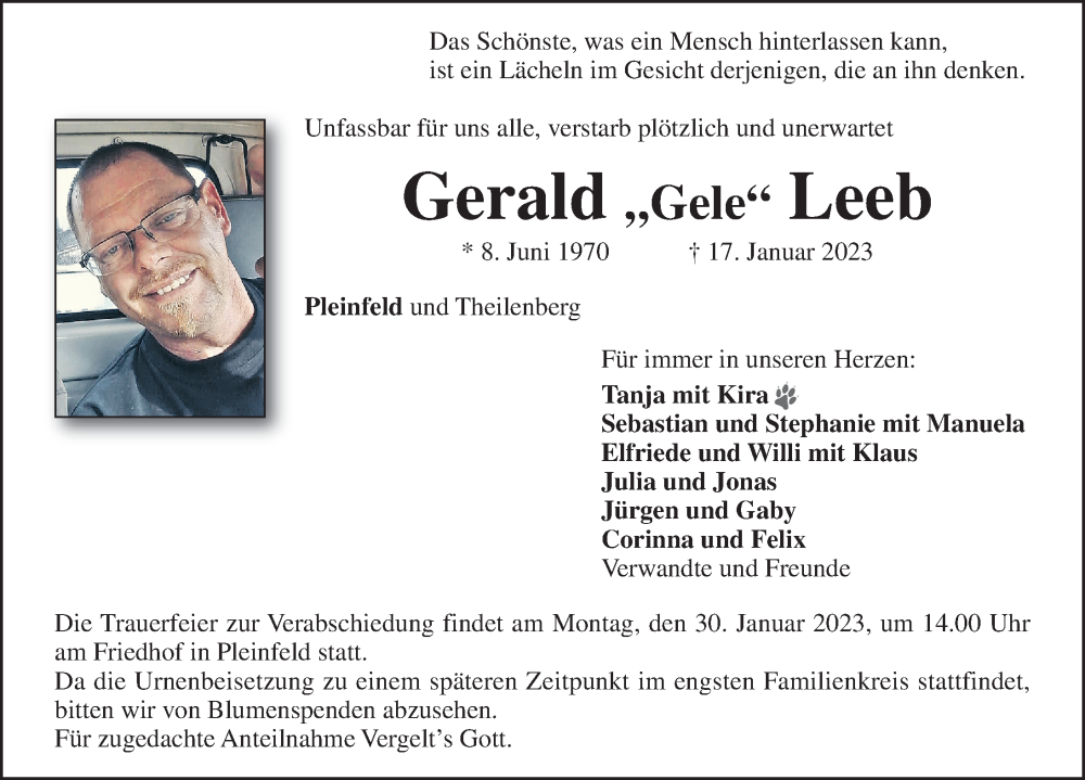  Traueranzeige für Gerald Leeb vom 26.01.2023 aus Roth-Hilpoltsteiner Volkszeitung Lokal