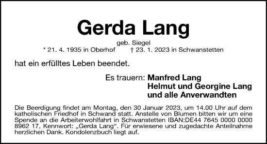 Traueranzeige von Gerda Lang von Gesamtausgabe Nürnberger Nachrichten/ Nürnberger Ztg.