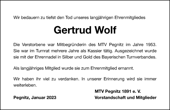 Traueranzeige von Gertrud Wolf von Nordbayerische Nachrichten Pegnitz Lokal