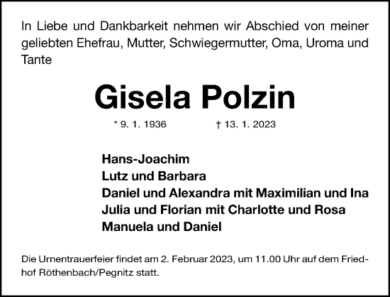 Traueranzeige von Gisela Polzin von Gesamtausgabe Nürnberger Nachrichten/ Nürnberger Ztg.