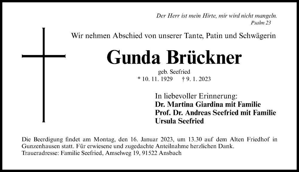  Traueranzeige für Gunda Brückner vom 13.01.2023 aus Altmühl-Bote Lokal