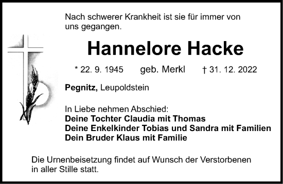 Traueranzeige von Hannelore Hacke von Nordbayerische Nachrichten Pegnitz Lokal