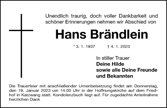 Traueranzeige von Hans Brändlein von Gesamtausgabe Nürnberger Nachrichten/ Nürnberger Ztg.