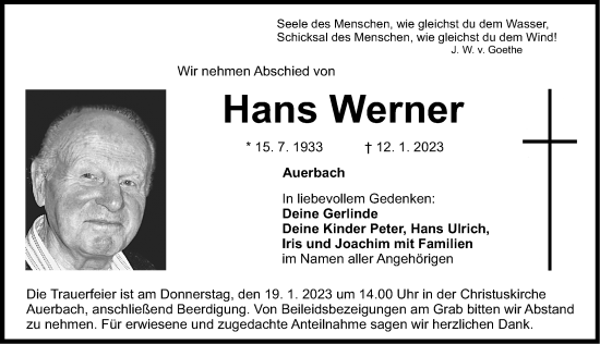 Traueranzeige von Hans Werner von Nordbayerische Nachrichten Pegnitz Lokal