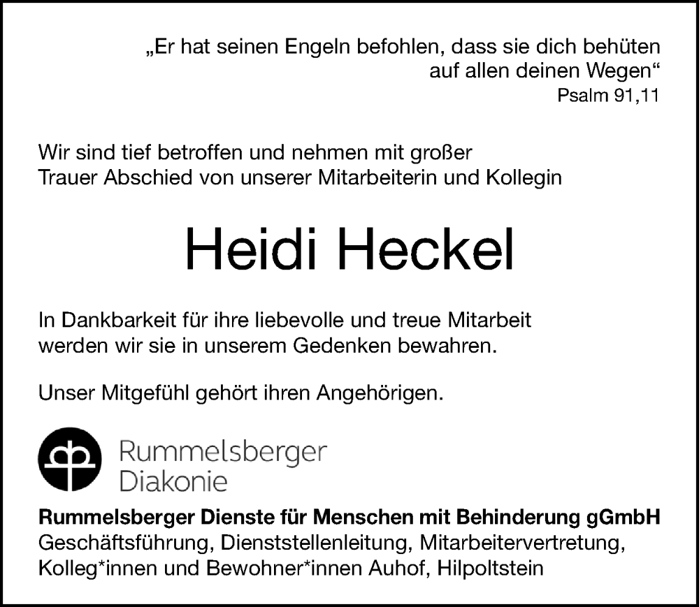  Traueranzeige für Heidi Heckel vom 10.01.2023 aus Roth-Hilpoltsteiner Volkszeitung Lokal