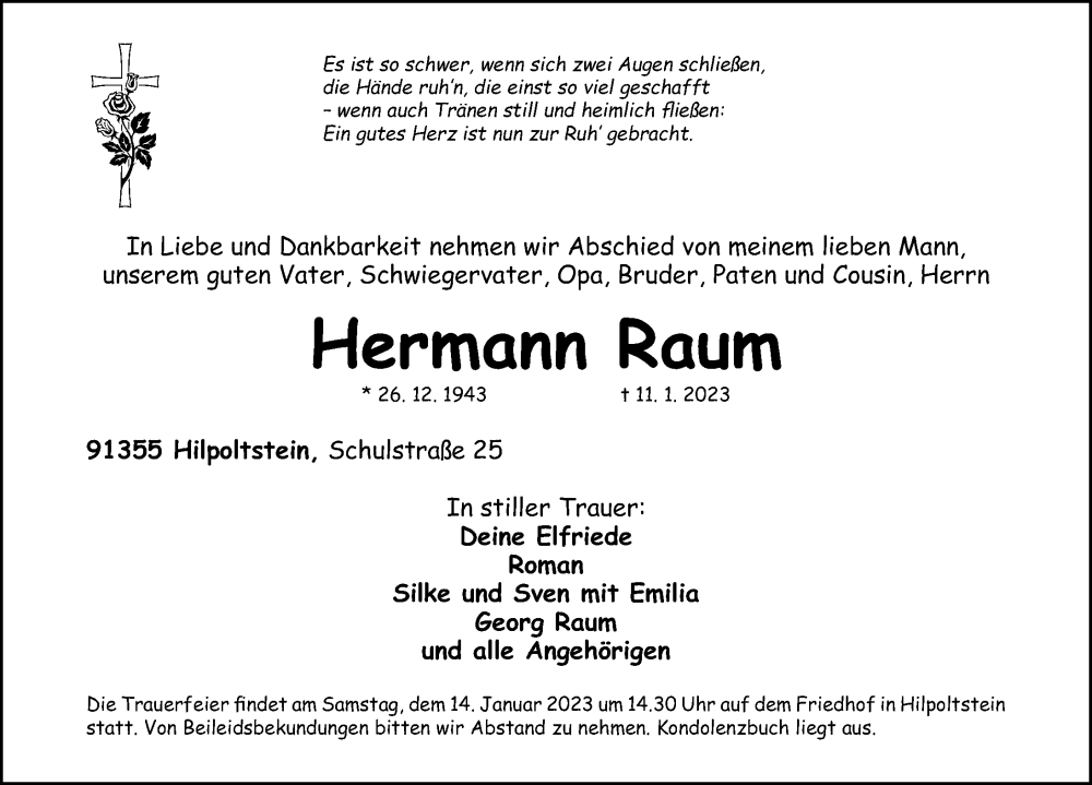  Traueranzeige für Hermann Raum vom 13.01.2023 aus Nordbayerische Nachrichten Forchheim Lokal