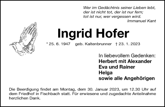 Traueranzeige von Ingrid Hofer von Gesamtausgabe Nürnberger Nachrichten/ Nürnberger Ztg.