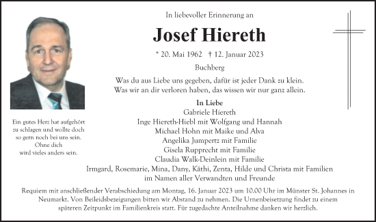 Traueranzeige von Josef Hiereth von Neumarkter Nachrichten Lokal