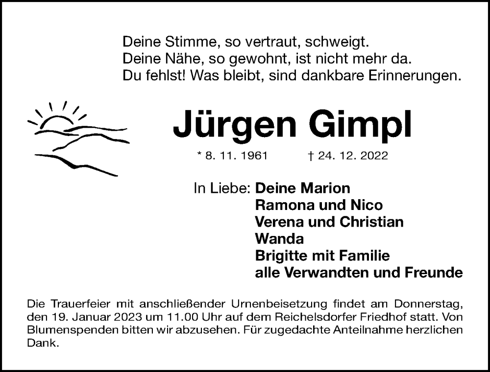  Traueranzeige für Jürgen Gimpl vom 14.01.2023 aus Gesamtausgabe Nürnberger Nachrichten/ Nürnberger Ztg.