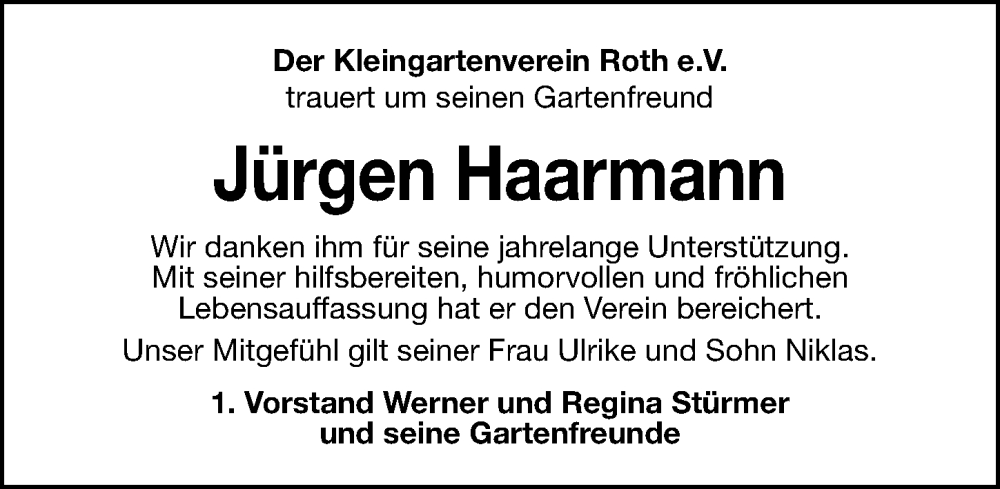  Traueranzeige für Jürgen Haarmann vom 14.01.2023 aus Roth-Hilpoltsteiner Volkszeitung Lokal