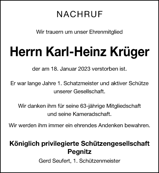 Traueranzeige von Karl-Heinz Krüger von Nordbayerische Nachrichten Pegnitz Lokal