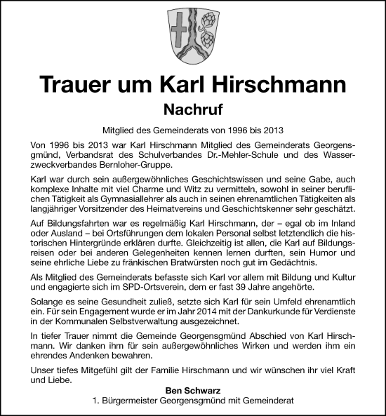 Traueranzeige von Karl Hirschmann von Roth-Hilpoltsteiner Volkszeitung Lokal