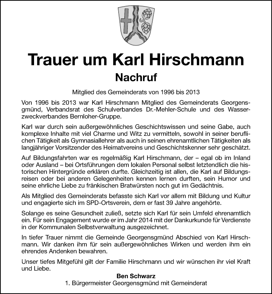  Traueranzeige für Karl Hirschmann vom 28.01.2023 aus Roth-Hilpoltsteiner Volkszeitung Lokal