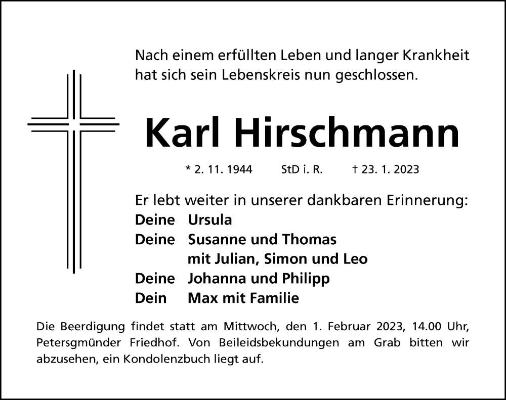  Traueranzeige für Karl Hirschmann vom 28.01.2023 aus Roth-Hilpoltsteiner Volkszeitung Lokal