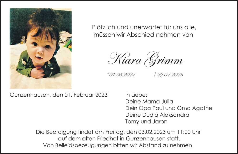  Traueranzeige für Kiara Grimm vom 01.02.2023 aus Altmühl-Bote Lokal
