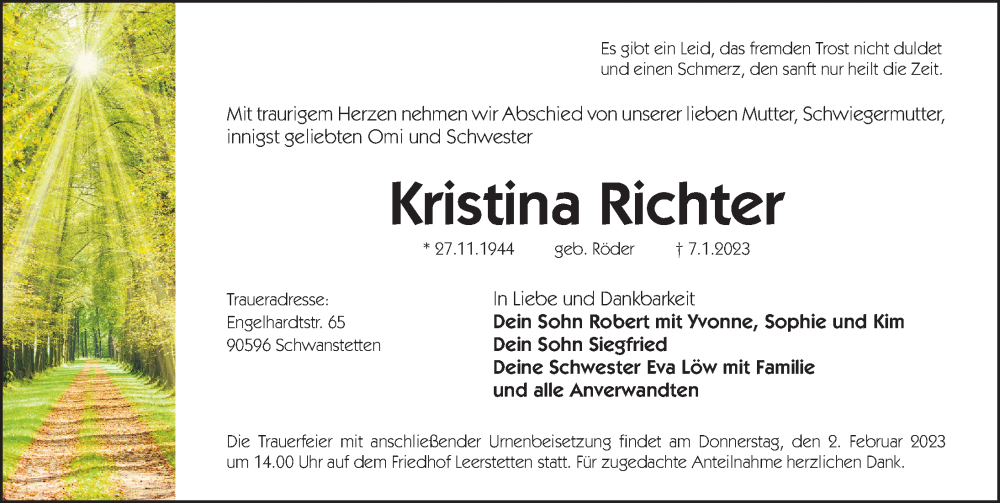  Traueranzeige für Kristina Richter vom 28.01.2023 aus Gesamtausgabe Nürnberger Nachrichten/ Nürnberger Ztg.