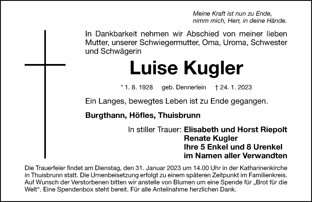  Traueranzeige für Luise Kugler vom 30.01.2023 aus Nordbayerische Nachrichten Forchheim Lokal