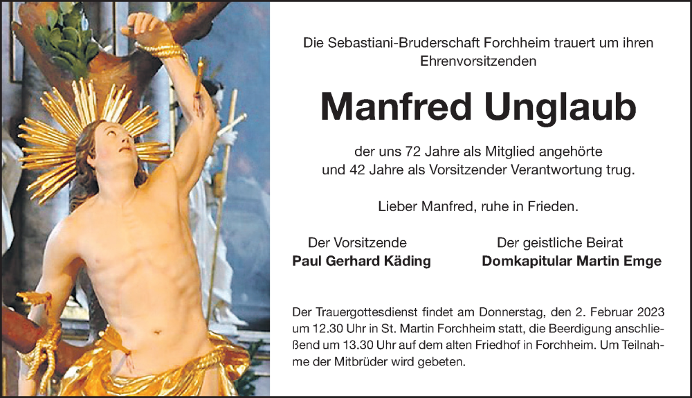  Traueranzeige für Manfred Unglaub vom 31.01.2023 aus Nordbayerische Nachrichten Forchheim Lokal