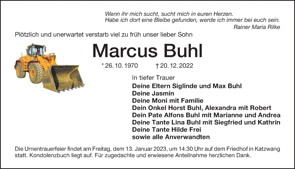  Traueranzeige für Marcus Buhl vom 07.01.2023 aus Gesamtausgabe Nürnberger Nachrichten/ Nürnberger Ztg.