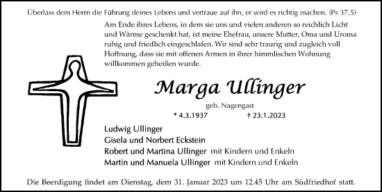 Traueranzeige von Marga Ullinger von Gesamtausgabe Nürnberger Nachrichten/ Nürnberger Ztg.