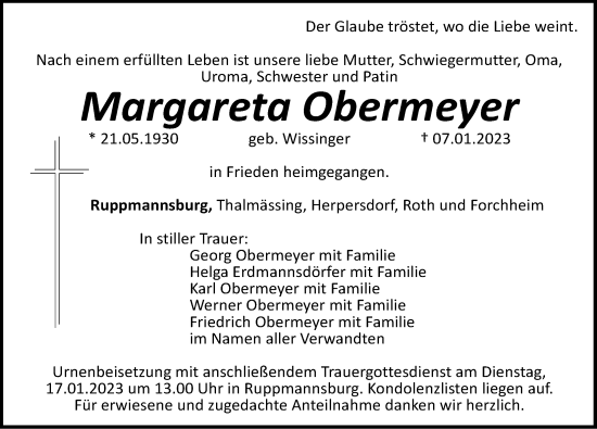 Traueranzeige von Margareta Obermeyer von Roth-Hilpoltsteiner Volkszeitung Lokal