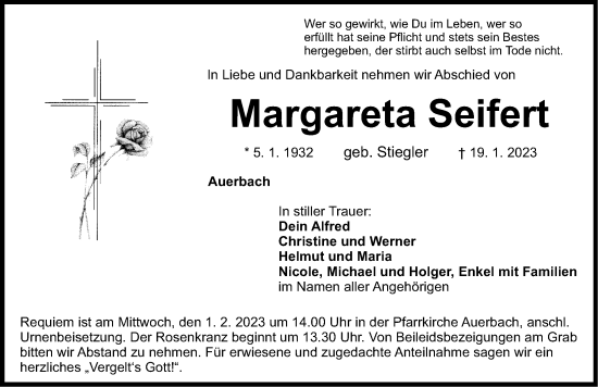 Traueranzeige von Margareta Seifert von Nordbayerische Nachrichten Pegnitz Lokal