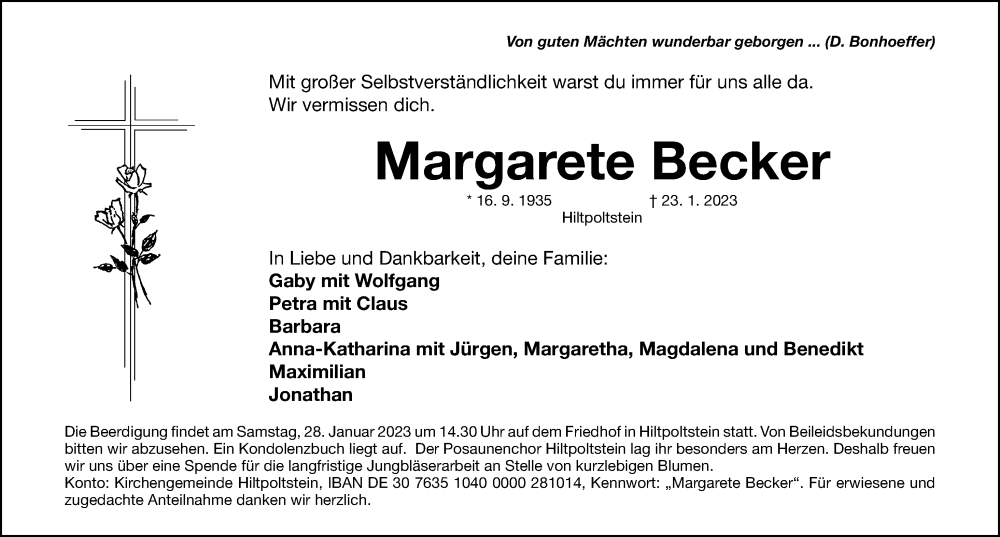  Traueranzeige für Margarete Becker vom 26.01.2023 aus Nordbayerische Nachrichten Forchheim Lokal
