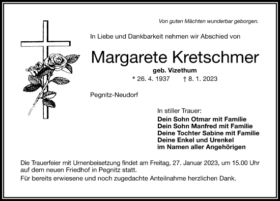 Traueranzeige von Margarete Kretschmer von Nordbayerische Nachrichten Pegnitz Lokal