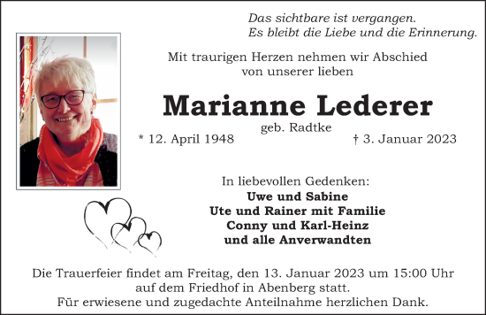Traueranzeige von Marianne Lederer von Schwabacher Tagblatt Lokal