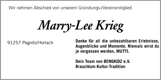 Traueranzeige von Marry-Lee Krieg von Nordbayerische Nachrichten Pegnitz Lokal