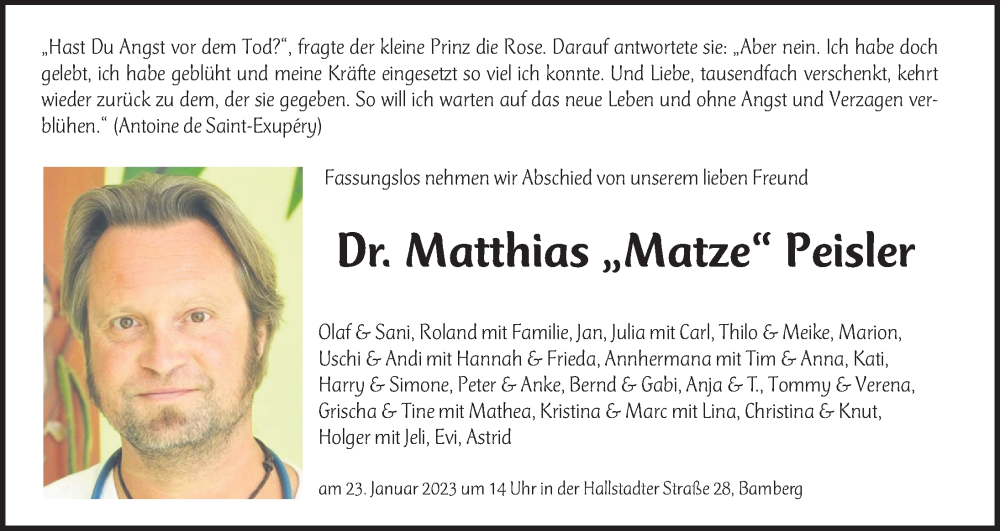  Traueranzeige für Matthias Peisler vom 21.01.2023 aus Erlanger Nachrichten/ Nordbayer. Nachrichten Forchheim