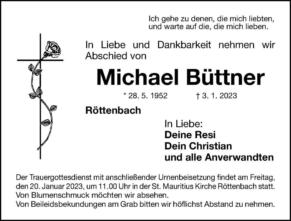  Traueranzeige für Michael Büttner vom 16.01.2023 aus Nordbayerische Nachrichten Herzogenaurach Lokal