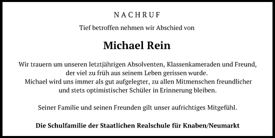 Traueranzeige von Michael Rein von Neumarkter Nachrichten Lokal