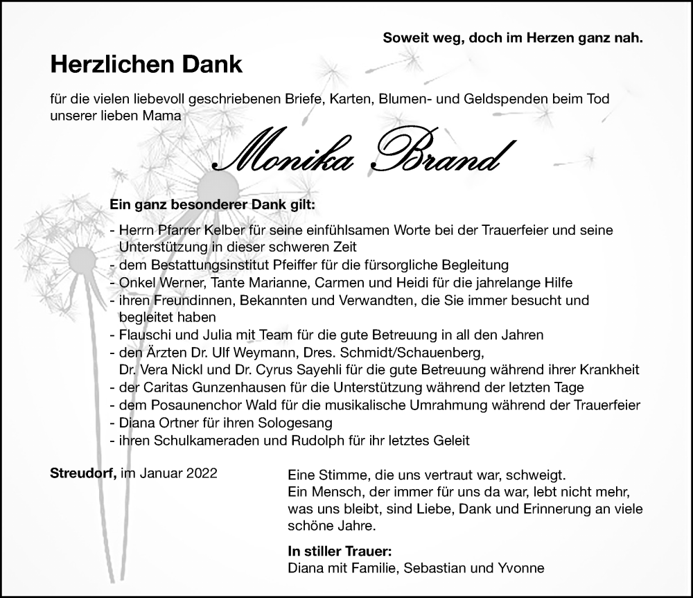 Traueranzeige für Monika Brand vom 03.01.2023 aus Altmühl-Bote Lokal