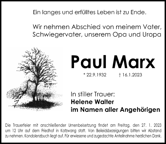 Traueranzeige von Paul Marx von Roth-Hilpoltsteiner Volkszeitung Lokal