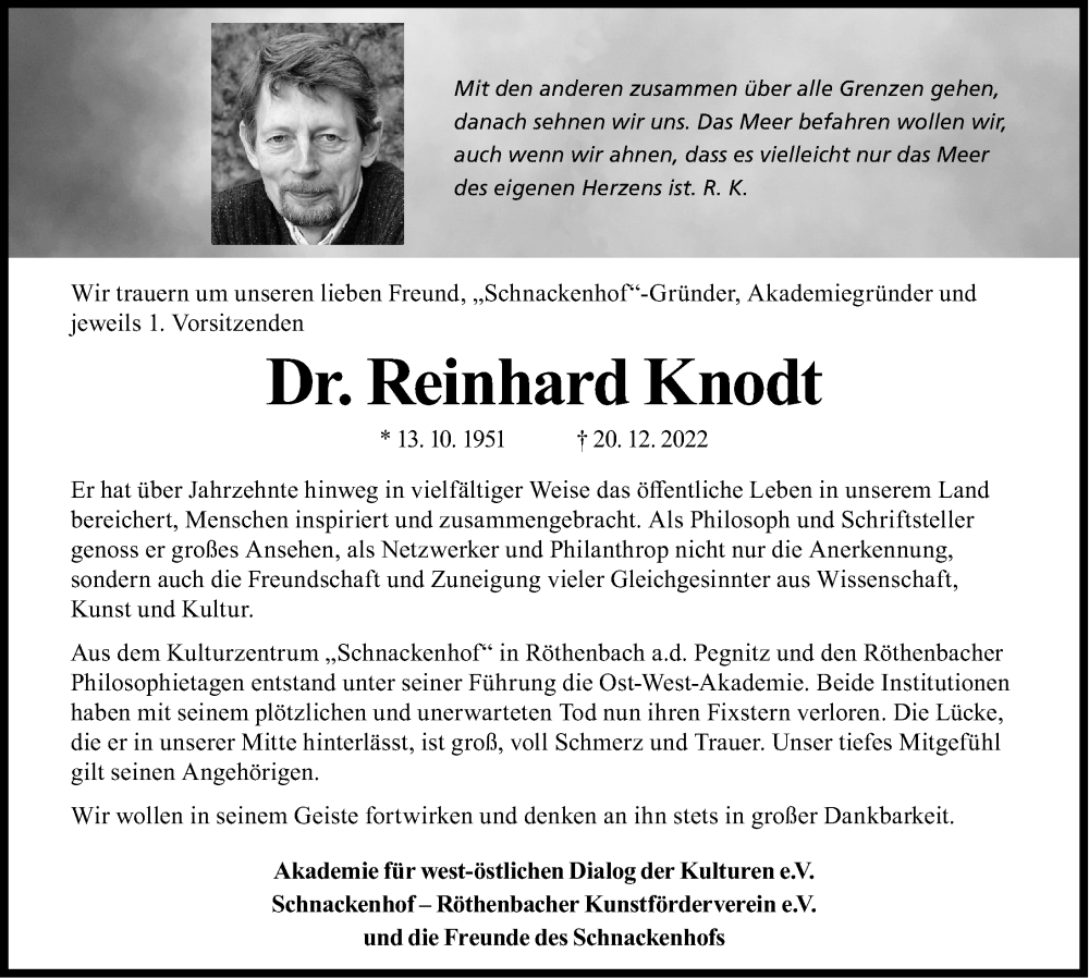  Traueranzeige für Reinhard Knodt vom 14.01.2023 aus Gesamtausgabe Nürnberger Nachrichten/ Nürnberger Ztg.