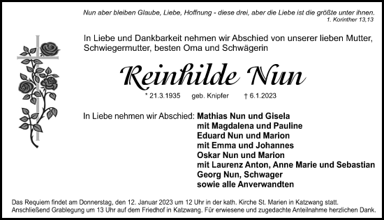 Traueranzeige von Reinhilde Nun von Gesamtausgabe Nürnberger Nachrichten/ Nürnberger Ztg.