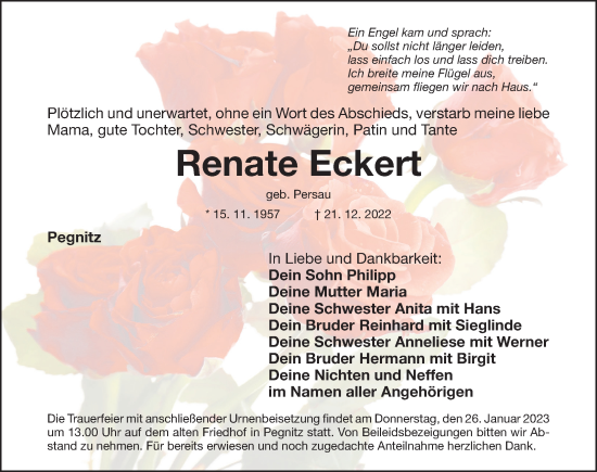 Traueranzeige von Renate Eckert von Nordbayerische Nachrichten Pegnitz Lokal