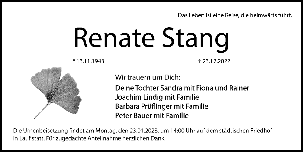  Traueranzeige für Renate Stang vom 21.01.2023 aus Gesamtausgabe Nürnberger Nachrichten/ Nürnberger Ztg.
